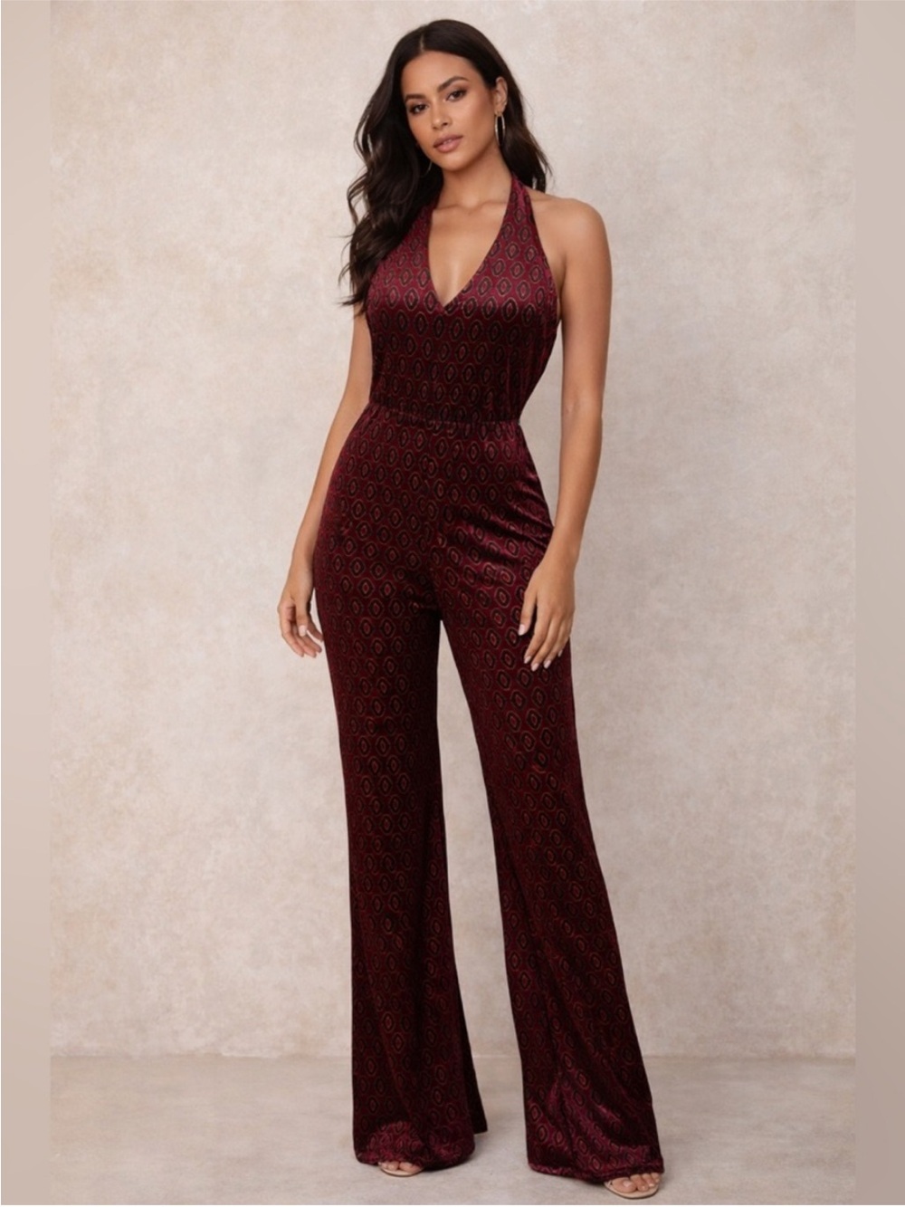 Motel Rocks Burgundy Halter Boot Cut Jumpsuit